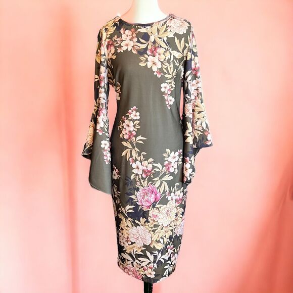 NY & CO Stretch Floral Hunter Green Midi Sheath Dress - Size L - Picture 3 of 8